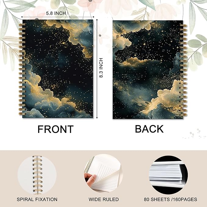 Moody Starry Night Sky Notebook, Dark Academia Witchy Gothic Journal, Fantasy Abstract Mystical Celestial Journal, Vintage Maximalist Blue Gold Galaxy Spiral Notebook, 5.5x8.3 Inch
