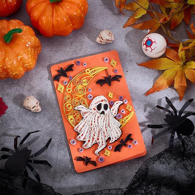 WEBEEDY 20 Sets Halloween Paper Quilling Kit for Adult Beginner 5 Styles Witches Pumpkins Ghosts Bats Black Cats Greeting Card Making Kit with Instruction Handmade Quilling Card for Halloween Decor