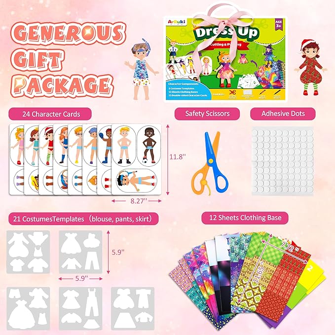 Dress-Up Cutting and Pasting Set, Paper Make Doll Clothes Craft Kit, 24 PCS Pretend Play Game for Girls, Outfit and Accessory Pieces, Mess-Free Travel Toys for Kids Ages 4-8