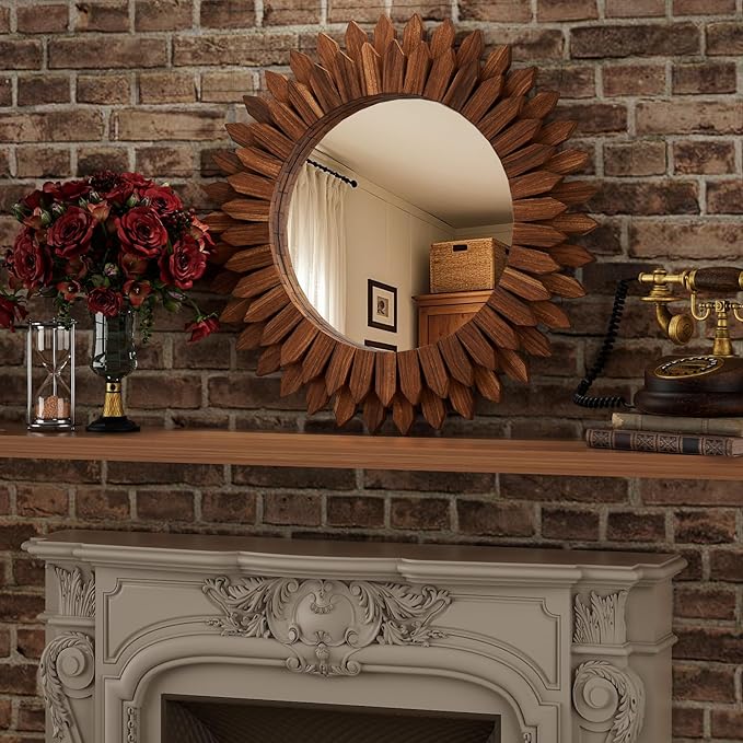 24 Inch Walnut Boho Wall Decor Sunburst Mirror - Round Wooden Wall Decor, Handmade Rustic Circular Mirror for Living Room, Bedroom, Entryway, Office