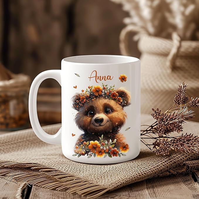 Hyturtle Personalized Cute Bear Coffee Mug - Custom Name Ceramic Cup for Animal Lovers - Just A Girl Who Loves Bears - Birthday Gift for Women - 11oz/15oz