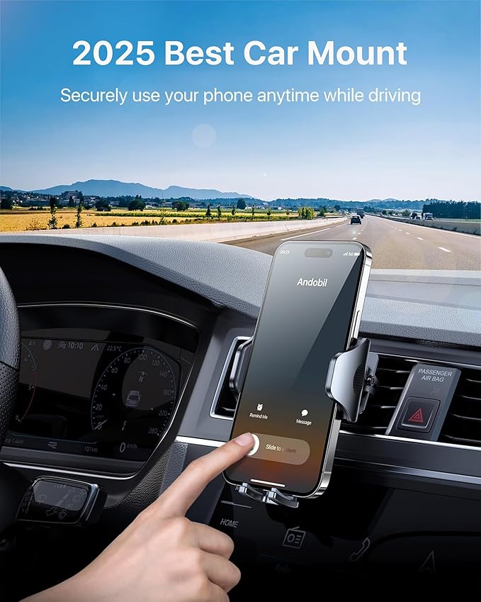 andobil Phone Holders for Your Car - Military Sturdy, Firmly Grip, Never Slip, Car Vent Phone Holder Mount, Phone Mount for Truck Compatible with iPhone 17 16 15 14 13 12 Pro Max Samsung S24, Sliver