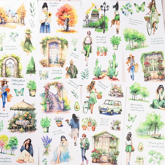 Scrapbook Sticker Book, 20 Sheets Journaling Stickers, Junk Journal Supplies, Pre-Cut Aesthetic PET Materials, Watercolor Scrapbooking Stickers for Adults, Decorative Ephemera DIY Arts Craft