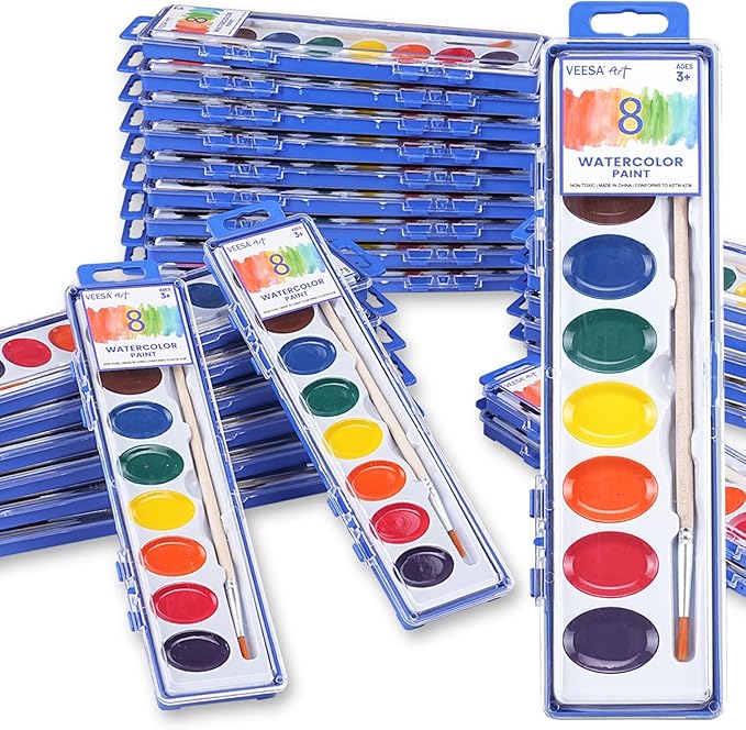 24 Pack Washable Watercolor for Kids, 8 Colors Non-Toxic Water Color Paint with Wood Brushes, Ideal for Classroom, Party Favors, Art Supplies, Christmas Gift