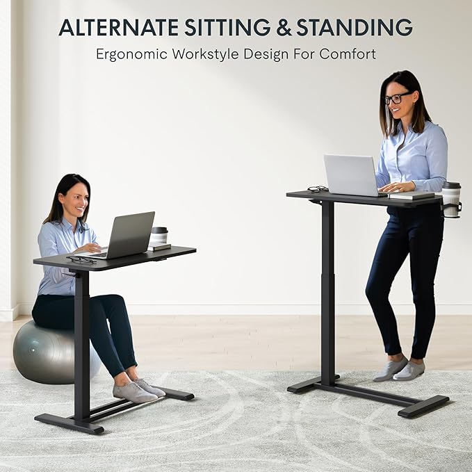 FLEXISPOT Mobile Standing Desk with Wheels Pneumatic Laptop Desk Rolling Computer Cart Movable Height Adjustable Small Sit Stand Desk Computer Workstations Home Use(27.6" W x 15.7" D, Black