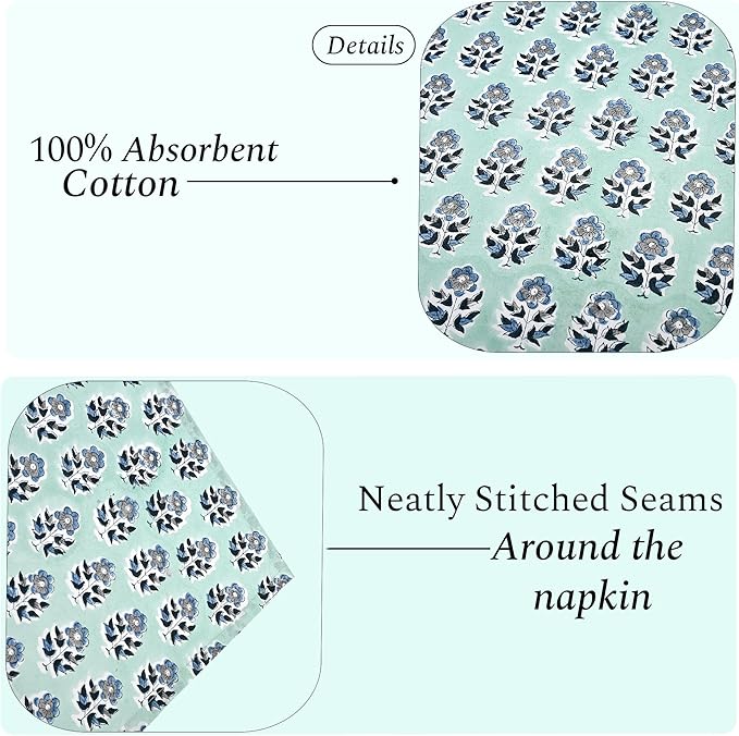 CPC Cloth Napkins 100% Cotton Set of 4 Reusable Napkins, Indian Block Print Toile Floral Dinner Napkin, Fall Thanksgiving Christmas Holiday Party Gift - Soft Absorbent Napkin, 18"x18" Poppy Blue