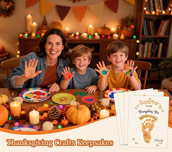Sweeter Than Pumpkin Pie Footprint Art Craft Kit for Thanksgiving Activities, 10 Pcs Thanksgiving Crafts Bulk DIY Footprint Card Making, Footprint Keepsake Gift for Mother Father Grandma Grandpa