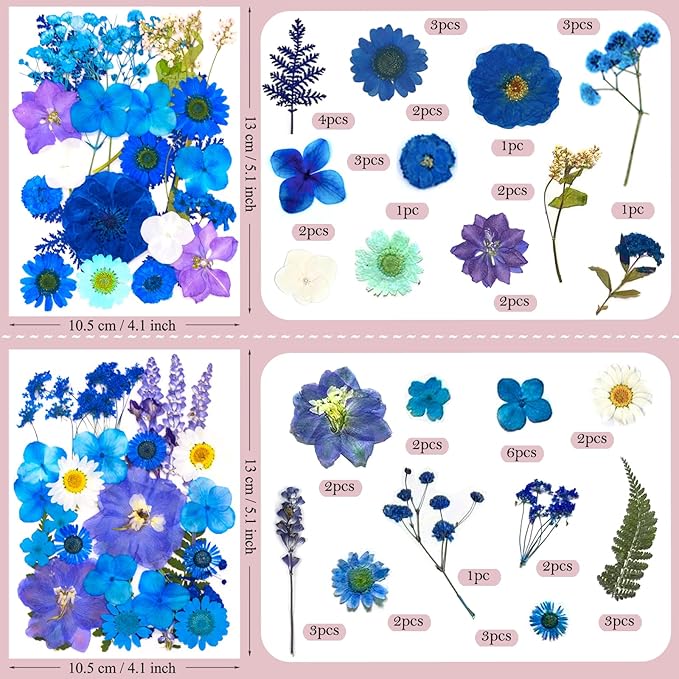 95 Pcs Blue Pressed Dried Flowers for Resin, Real Natural Bulk Dry Wildflowers Leaves Perfect for Epoxy Molds, DIY Crafts, Soap Candles Jewelry Making, and Home Decor