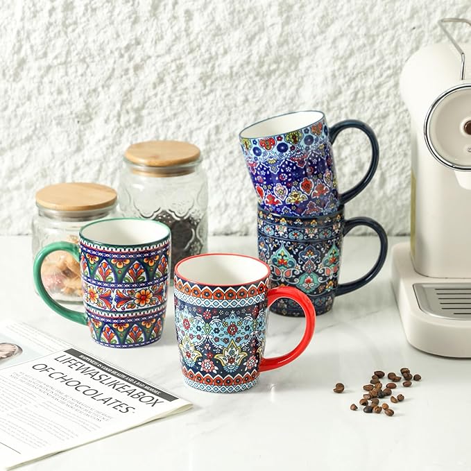 HASENSE Coffee Mugs, 15 OZ Coffee Cups Ceramic Set of 4 with Handle and Bohemian Style for Man Woman, Vintage Stoneware Porcelain Coffee Cups Set for Tea, Cocoa, Milk, Latte and Cappuccino - Multi