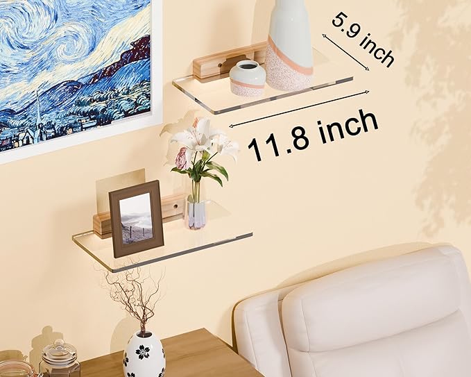 Acrylic Floating Shelves with Solid Wood Base, Wall Mounted Shelf for Plants, Perfume, Nail Polish, Bathroom, Bedroom & Living Room Décor