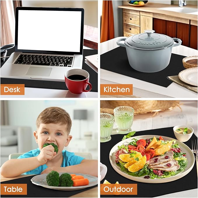 MANSPHIL Black Cloth Placemats Set of 6 Double Layer Thick Fabric Table Mats Faux Linen Place Mats Heat Resistant Washable Wrinkle Free Dining Kitchen Table Decor, 13x19 Inch Oeko Tex Placemat