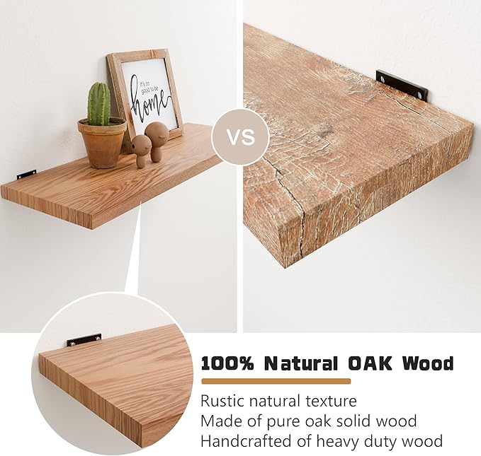 36 Inch Solid Oak Floating Shelves - Natural 12 Inch Deep Wall Shelf Set of 2, Rustic Display Shelf, Hanging Wall Shelf Decoration for Bedroom, Bathroom, Living Room