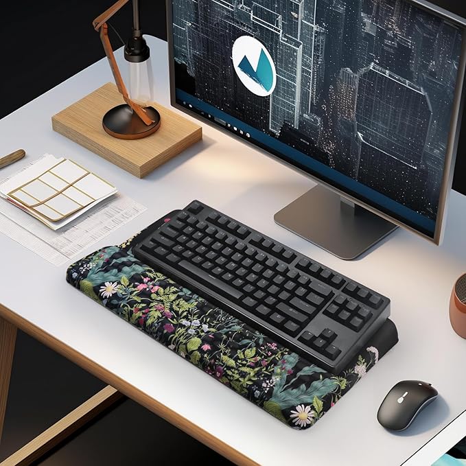 Computer Keyboard Stand Pad with Wrist Rest, Ergonomic Comfy Tilted Keyboard Holder, Keyboard Tray Support for Office Home (Flowers & Plants-Black)