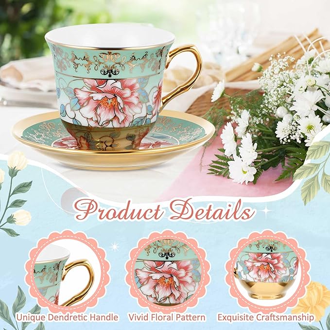 Set of 12 Tea Cups and Saucers Tea Party Decorations Floral Porcelain 7.4 oz British Gift for Women Birthday Party, Church, and Mother's Day (Stylish Style)