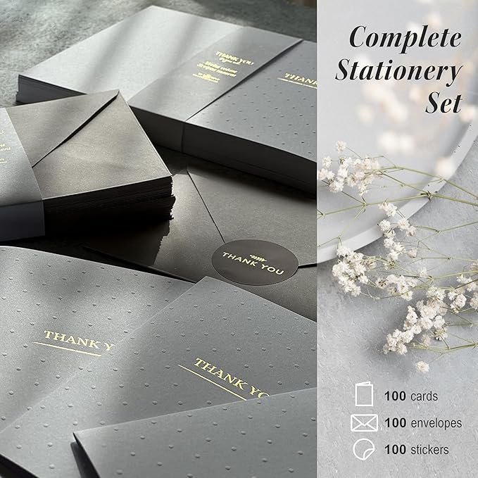 RUN2PRINT Luxury Thank You Cards with Envelopes & Gold Foil Stickers - Bulk Pack of 100 Elegant Blank Notes for Wedding, Baby Shower, Business, Graduation