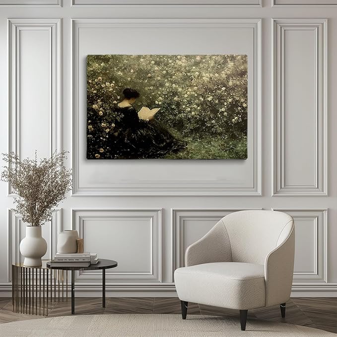 Woman Reading Art Print, Moody Spring Art, Victorian Home Decor, Moody Vintage Flower Art,Victorian Women Reading Art,Reading Room,Library Wall Decor16x24 Framed