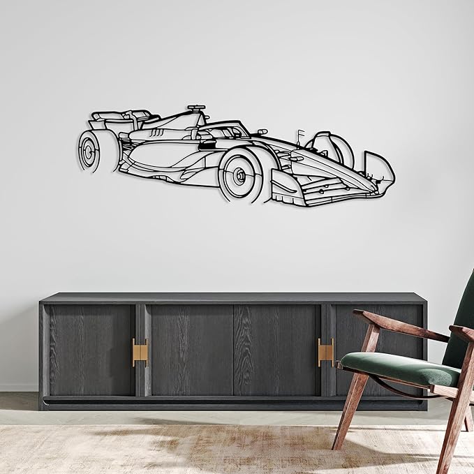 DecoSoul Formula 1 Metal Wall Art, F1 Race Car Metal Silhouette, Minimalist Sculpture for Garage, Man Cave, Sports Car, (Black - 35 x 8” inch)