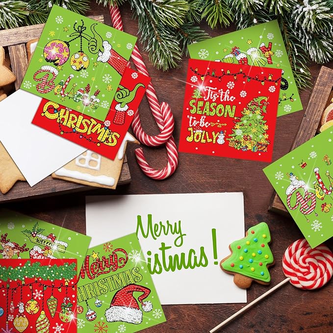 Saillong 12 Pack Christmas Diamond Painting Greeting Card Kits DIY Lime Green Christmas Diamond Art Cards with Envelopes Xmas 5D Rhinestones Painting for Adults DIY Craft Family Friend Xmas Gifts