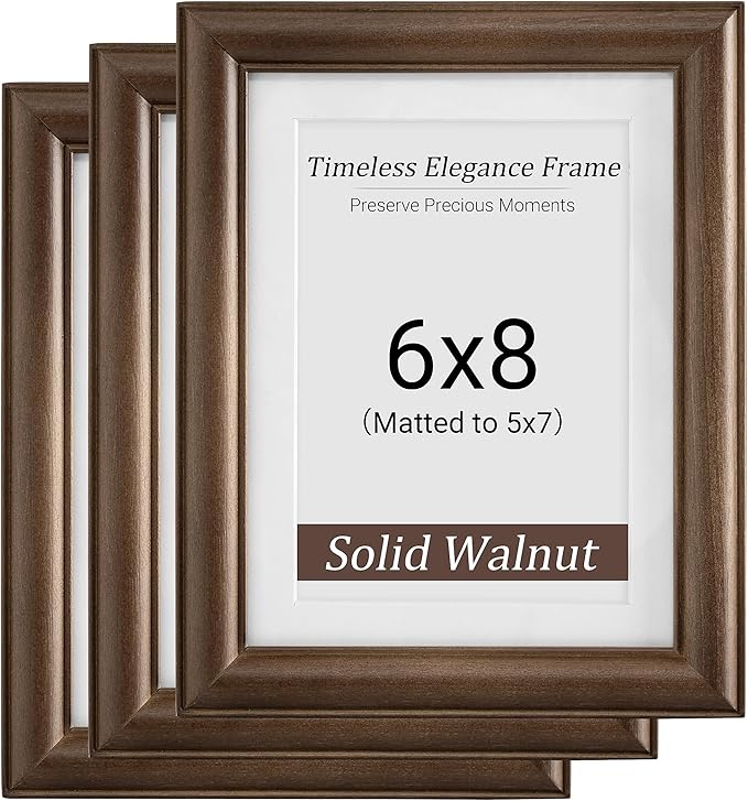 Heimlove 6x8 Picture Frame,6 x 8 Natural Solid Walnut Wood Frame with Tempered Glass,6"x8" Handcrafted Wood Frame Matted to 5x7 Photos for Wall or Tabletop Family picture Display,3 Pack