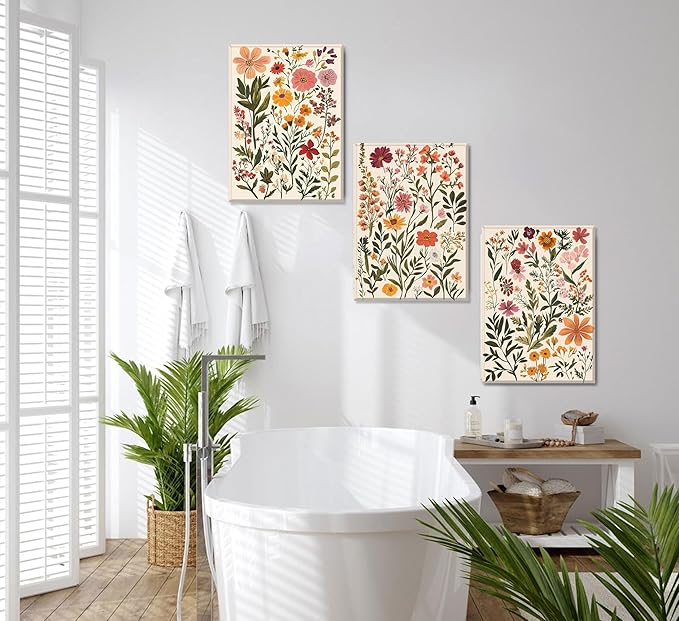 3Pcs Colorful Wildflower Canvas Wall Art Boho Floral Posters Botanical Prints Flowers Painting Wildflower Nursery Pictures Wall Decor for Living Room Bedroom Framed