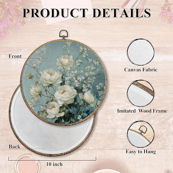 FUGWN Vintage White Rose Floral Round Wall Art Decor Framed, Cottagecore Botanical Canvas Artwork Prints, Rustic Farmhouse Flower Wall Hanging Decorations for Home Bedroom Living Room, 10x10 Inch