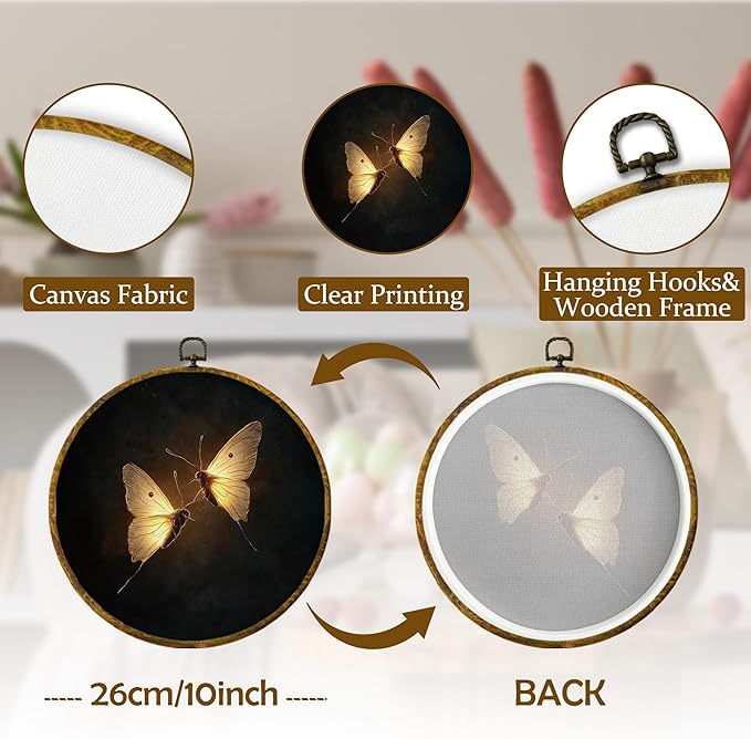 Mcehtle Vintage Butterfly Wall Art Decor, Dark Moody Cottagecore Moth Insect Framed Canvas Prints 10x10, Neutral Farmhouse Round Wall Hanging Artwork Decorations for Gallery Bedroom Living Room