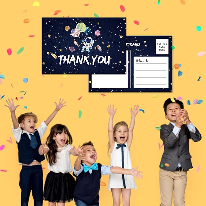 Birthday Thank You Postcards, Outer Space Theme, Astronaut Rocket Ship Thank You Cards for Kids Girls Boys Birthday Party, Baby Shower Party, Set of 20 (A04)
