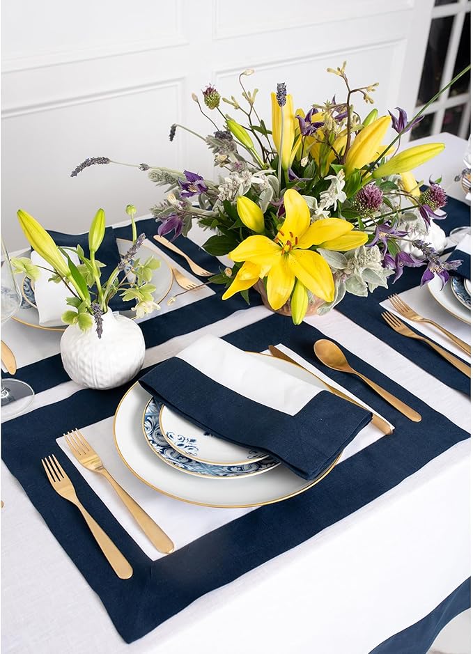 Solino Home Linen Table Runner 120 Inches Long - Navy and White 100% Pure Linen 14 x 120 Inch Table Runner for Dining, Winter, Spring, Easter - Contempo