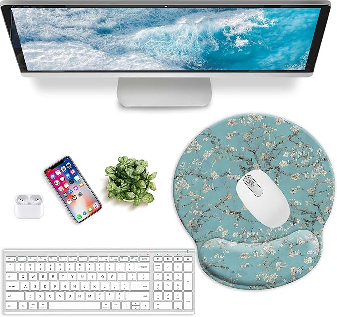 Square Floral Mouse Pad Wrist Rest, Decorative Beautiful Flowers Plants White Blooms Ergonomic Mousepad with Non-Slip Rubber Base, Personalized Premium-Textured Custom Mouse Mat Design