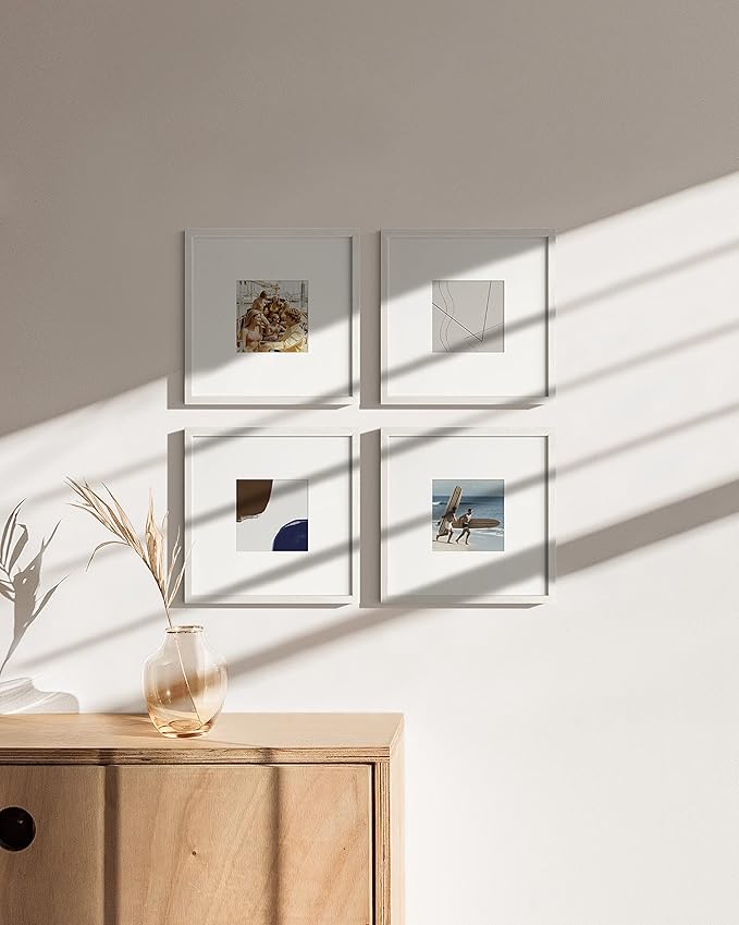 HAUS AND HUES White Oak Wood 10x10 Picture Frames - Set of 4, Square Frames with Mat, Contemporary White Frames for Gallery Wall Display (10x10 in, White, Set of 4)