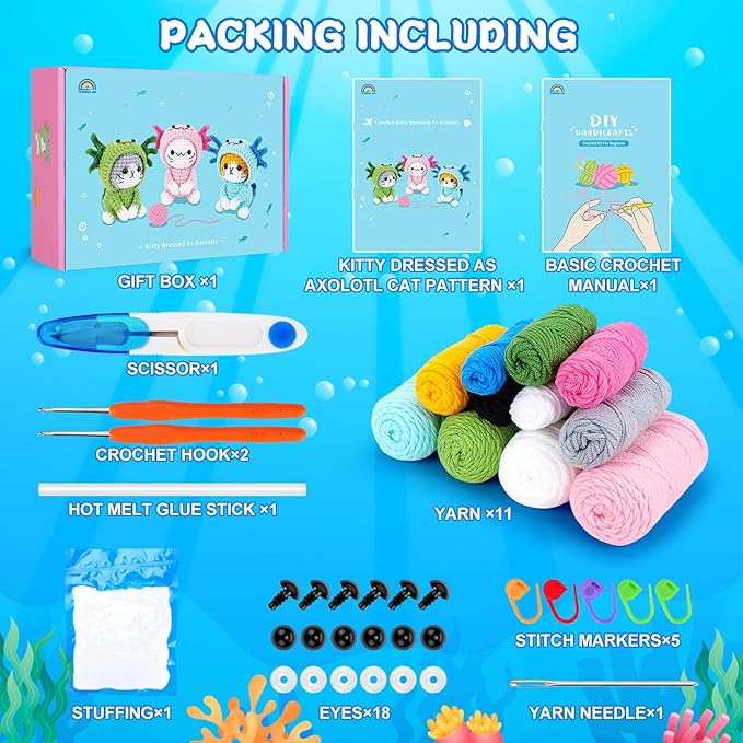 Fortuning's JDS Crochet Kit for Beginners - 3 PCS Axolotl Cat Crochet Kits with Step-by-Step Video Tutorials, Beginner Crochet Kit for Adults, Crochet Cat Dressed as Axolotl Set