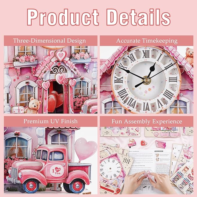 3D Puzzles for Adults Clock-Sweetheart Cottage Design Model Kit-Mechanical DIY Pendulum Clock with Roman Numerals-Desk Home Office Decor Personalized Gift for DIY Lovers