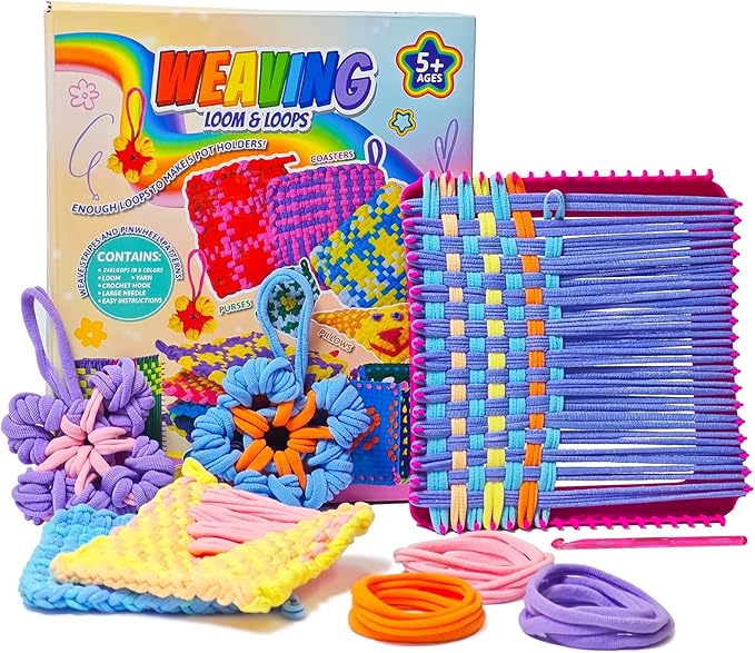 ZJEFUNS Weaving Loom Kit Toys for Kids and Adults DIY Arts and Crafts for Girls Ages 5 6 7 8 9 10 12, Pot Holder Loom Knitting Kits Includes 8 Color Craft Loops for Beginners