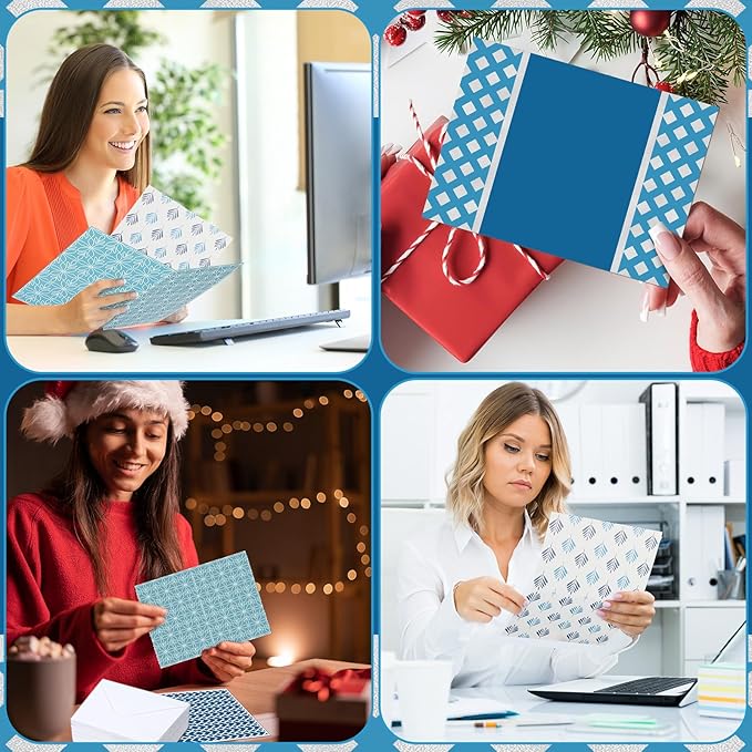 100 Pcs Blue Hue Floral Design Blank Greeting Cards 4x6, Geometric Silver Foil Blank Cards, 10 Designs, Great Stationary Set for All Occasions with Matching White Envelopes and Stickers