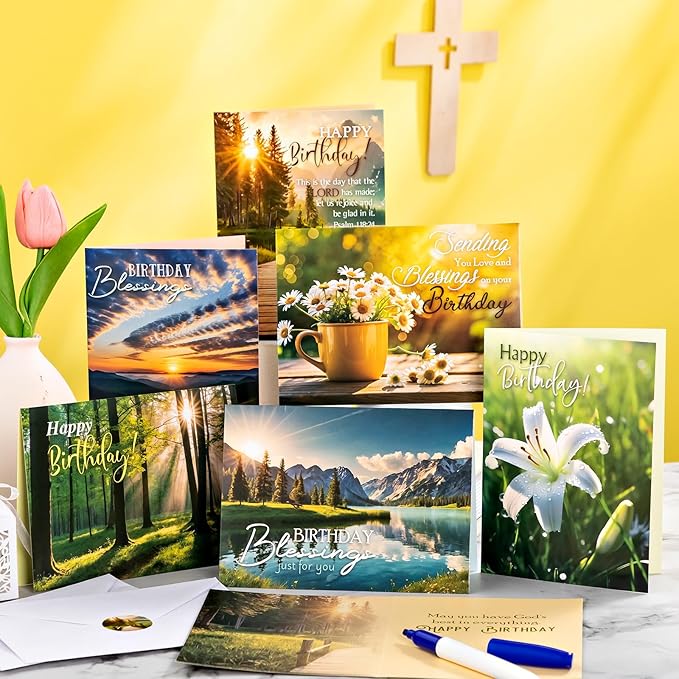 48 Pack Religious Christian Birthday Cards Bulk with Scripture Assorted Bible Verse 4.5 x 6.2 Inch Christian Blessings Birthday Greeting Cards with Envelopes and Stickers (Landscape Style)