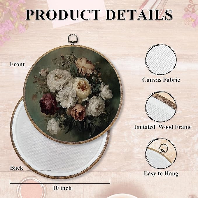 FUGWN Vintage Floral Round Wall Art Decor Framed, Antique Floral Canvas Artwork Prints, Retro Cottagecore Farmhouse Flower Wall Hanging Decorations for Home Bedroom Living Room, 10x10 Inch