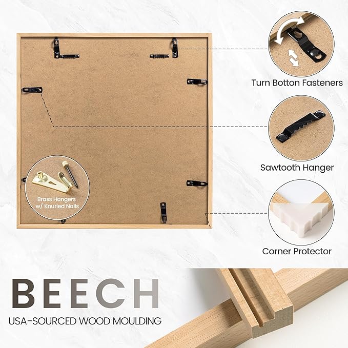 16x16 Picture Frame, USA-Sourced Natural Beech Wood Photo Collage Frame with HD Tempered Glass, Modern Simple 16 x 16 Wooden Frame Matted to 12x12, Gallery Wall Frames for Art