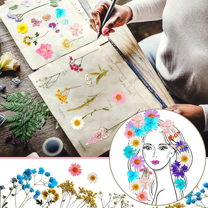Nuanchu Pressed Flowers Bulk Dried Flower for Crafts Dried Wildflowers Leave Natural with Tweezer for Resin Mold Candles Cake DIY Christmas Craft Card Making Wedding Scrapbooking Supplies