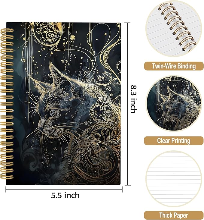 Cat Journal Notebook - Mystical Golden Kitty Aesthetic Notebooks College Ruled for Work School, Cats Mom Lady Gifts for Lovers Women, Cat Office Supplies, Hardcover Spiral Notebook 5.5"x8.3"