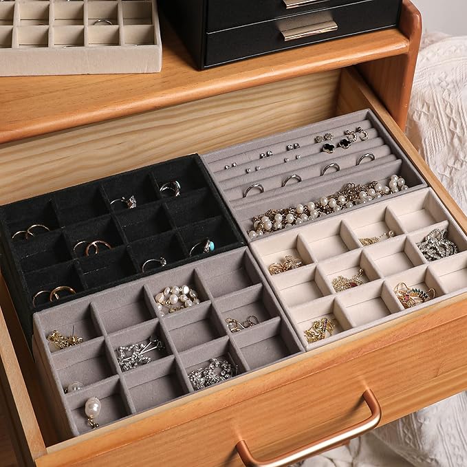 Frebeauty Jewelry Organizer Tray,Stackable Velvet Jewelry Trays,Drawer Inserts Earring Organizer For Women Jewelry Storage Display Case for Rings Stud Necklaces,Set of 6(Black)