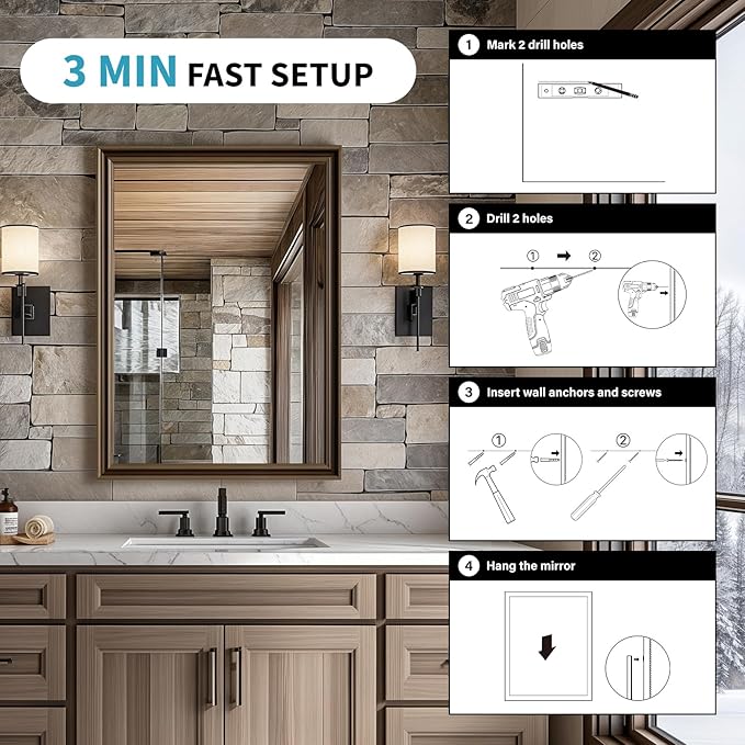 Retro Copper Effect Framed Wall Mirror, 30x48 Rectangle Mirror, Anti-desilvering Tempered Glass, Sustainable&Sturdy Frame, Anti-Rust, HD Reflection &3min Fast Setup for Bathroom Living Room