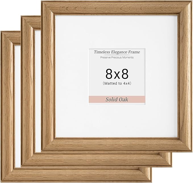 Heimlove 8x8 Picture Frame,8 x 8 Solid White Oak Square Photo Frame with Tempered Glass,8"x8" Handcrafted Wood Frame Matted to 4x4 Photos for Wall or Tabletop Art Photo and Prints,3 Pack