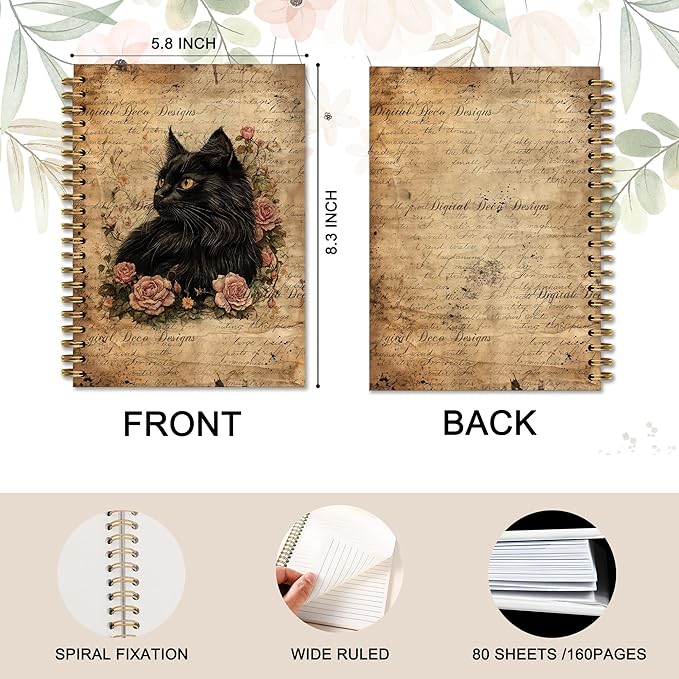 Vintage Moody Black Cat Notebook, Cats Lover Mom Lady Gifts Journal, Cat Office Supplies, Retro Pink Flower Kitten Aesthetic Spiral Journal Notebook, 5.5x8.3 Inch