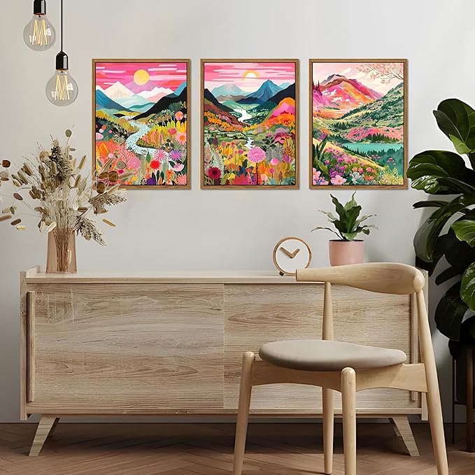 Floating Framed Boho Colorful Mountain Wall Art Set of 3, Abstract Watercolor Landscape Flower Wall Decor Paintings, Modern Nature Sunset Forest Posters Prints for Living Room, Bedroom 12x16 Inch