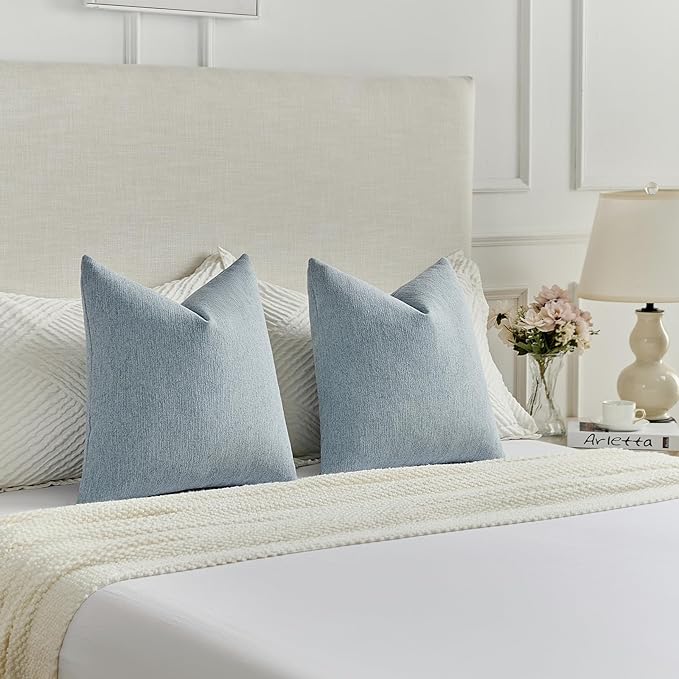 FUTEI Denim Blue Chenille Decorative Throw Pillow Covers 12x20 Inch Set of 2,Soft Cozy Faux Linen Textured Lumbar Pillow Cases,Farmhouse Home Decor for Couch Living Room