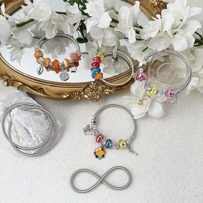 Exway 10 Pcs Expandable Charm Bangle Bracelets Sliver Charm Bracelets Adjustable Spring Bracelet Kit for Crafts DIY Women Jewelry Making