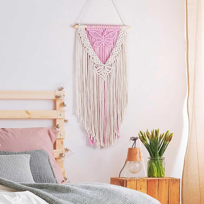 LB Macrame Wall Hanging, Pink Butterfly Tapestry Wall Hanging Decor Boho Art Wall Decor Bohemian Handmade Yarn Macrame Wall Art for Living Room Apartment Office Backdrop,13" W x 25.6" L