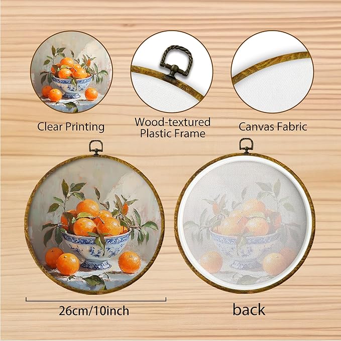 Hiuwevt Chinoiserie Orange Round Wall Art Decor, Retro Still Life Framed Canvas Prints, Blue and White Porcelain Citrus Fruit Round Wall Hanging Decor for Bedroom Home Decorations, 10x10 Inches