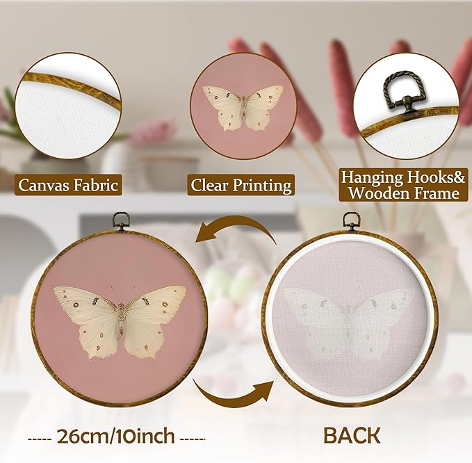 Mcehtle Vintage Butterfly Pink Wall Art Decor, Retro Cottagecore Butterfly Farmhouse Framed Canvas Prints 10x10, Neutral Moody Round Wall Hanging Artwork Decorations for Girls Bedroom Living Room