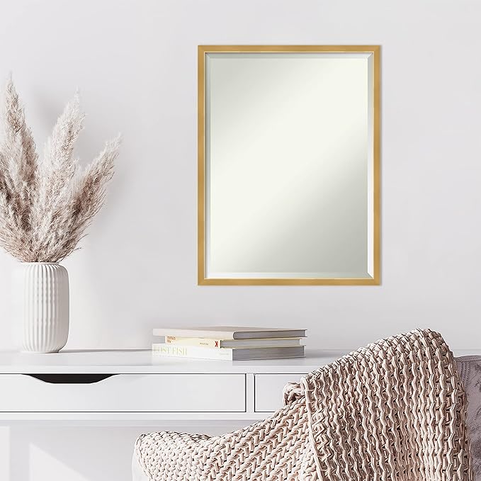 Amanti Art Gold Wall Mirror 25x19 Svelte Polished Gold Rectangle Bathroom Mirror for Wall Decor Living Room, Medium Modern Wood Frame, Hangs Horizonally and Vertically, Bathroom Decor, Beveled Edge